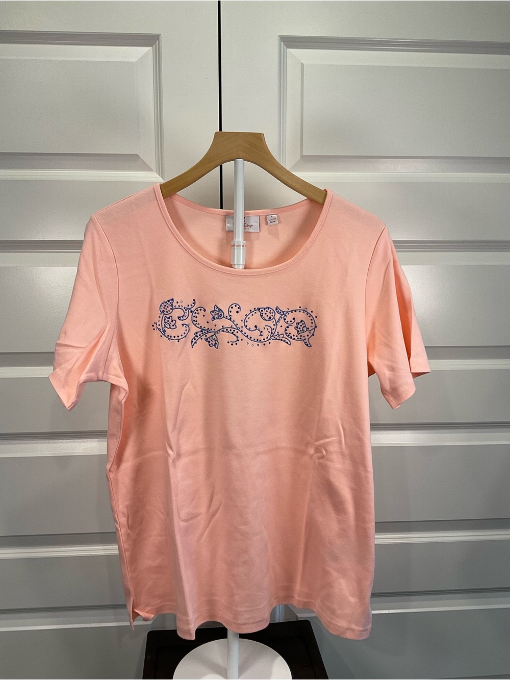 Quacker Factory Peach Short Sleeve Tee with Blue Embroidery